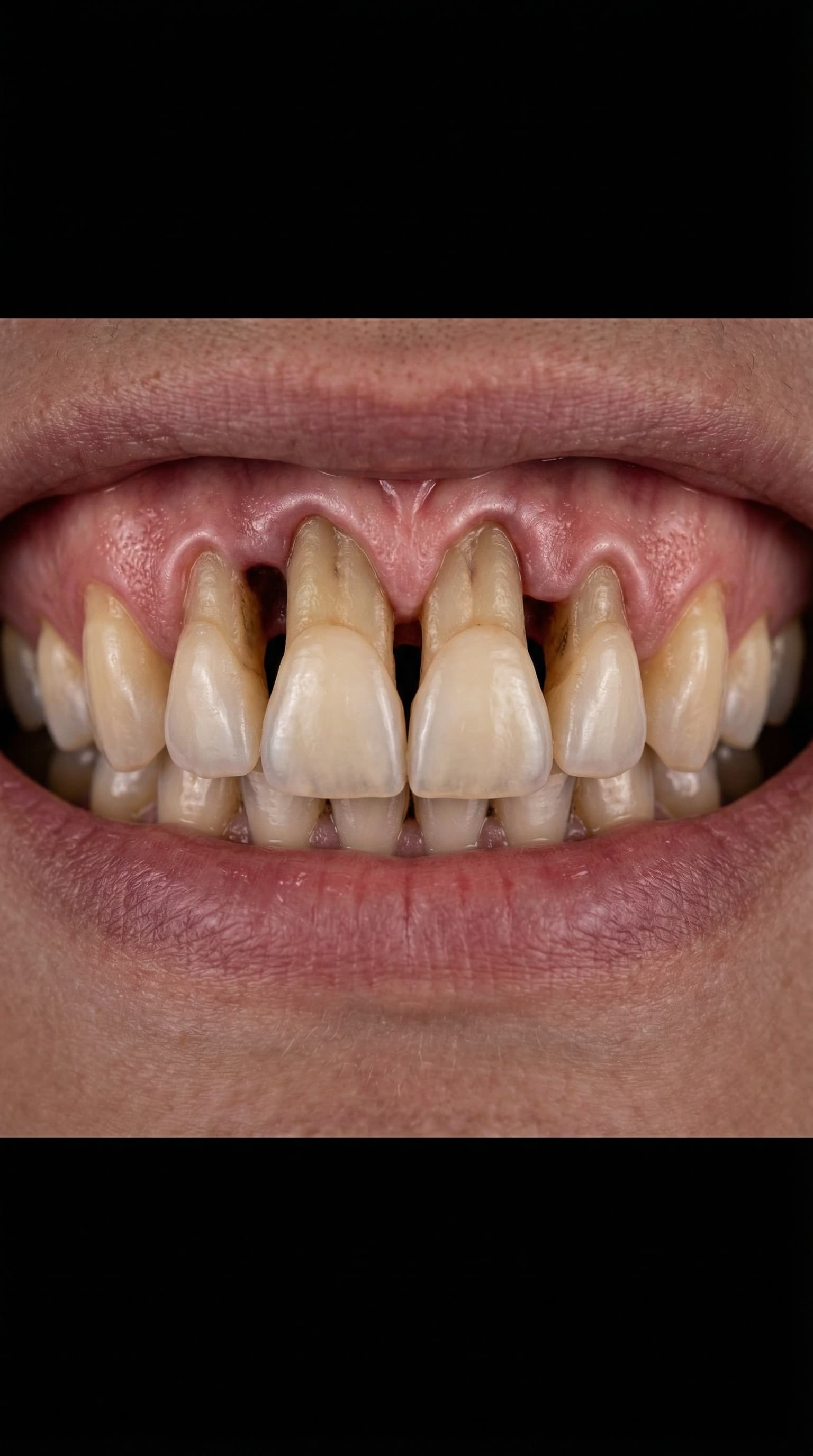 Before full arch dental implants — severely damaged and worn upper teeth requiring complete restoration by Dr. Antipov